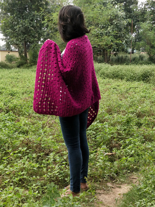 Hand Knitted Woollen Shawl- Dark Pink