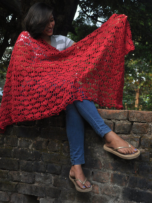 Hand Knitted Woollen Shawl- Cherry Red