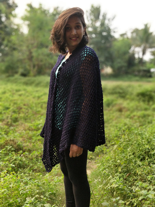 Hand Knitted Woollen Shawl- Navy Blue