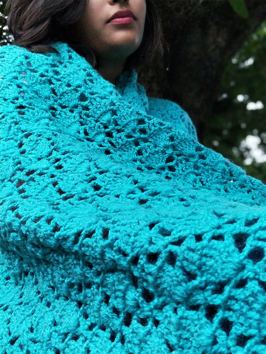 Hand Knitted Woollen Shawl- Blue
