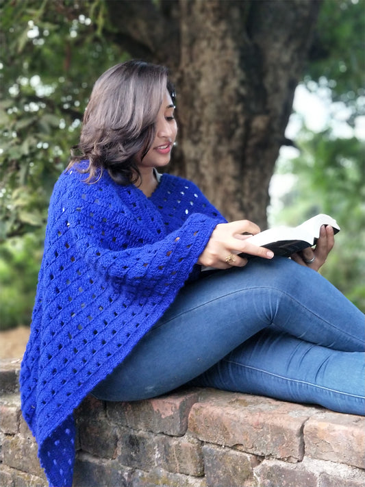 Hand Knitted Woollen Shawl- Dark Blue