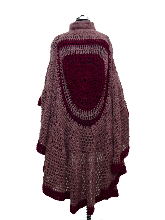Hand Knitted Woollen Poncho- Mehroon-Pale Pink