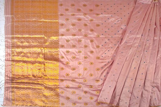 गुलाबी प्राकृतिक रंग की हथकरघा सिल्क साड़ी