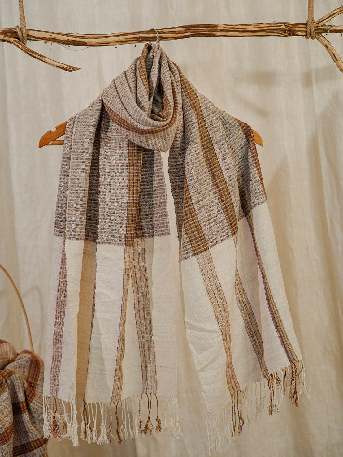 Handwoven Beige Eri Silk Stole | Striped