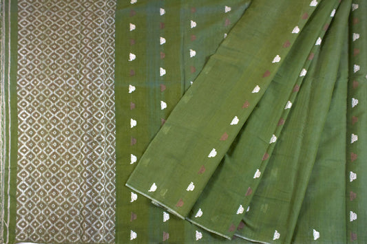 Moss Green Assam Eri Handloom Silk Sari