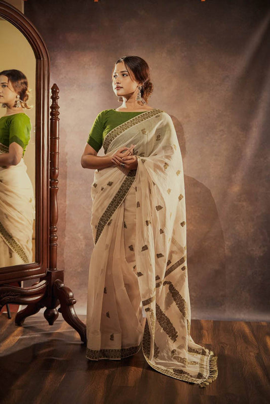 Assam Olive-Cream Handloom Nuni Silk-Cotton Saree (Made to order)
