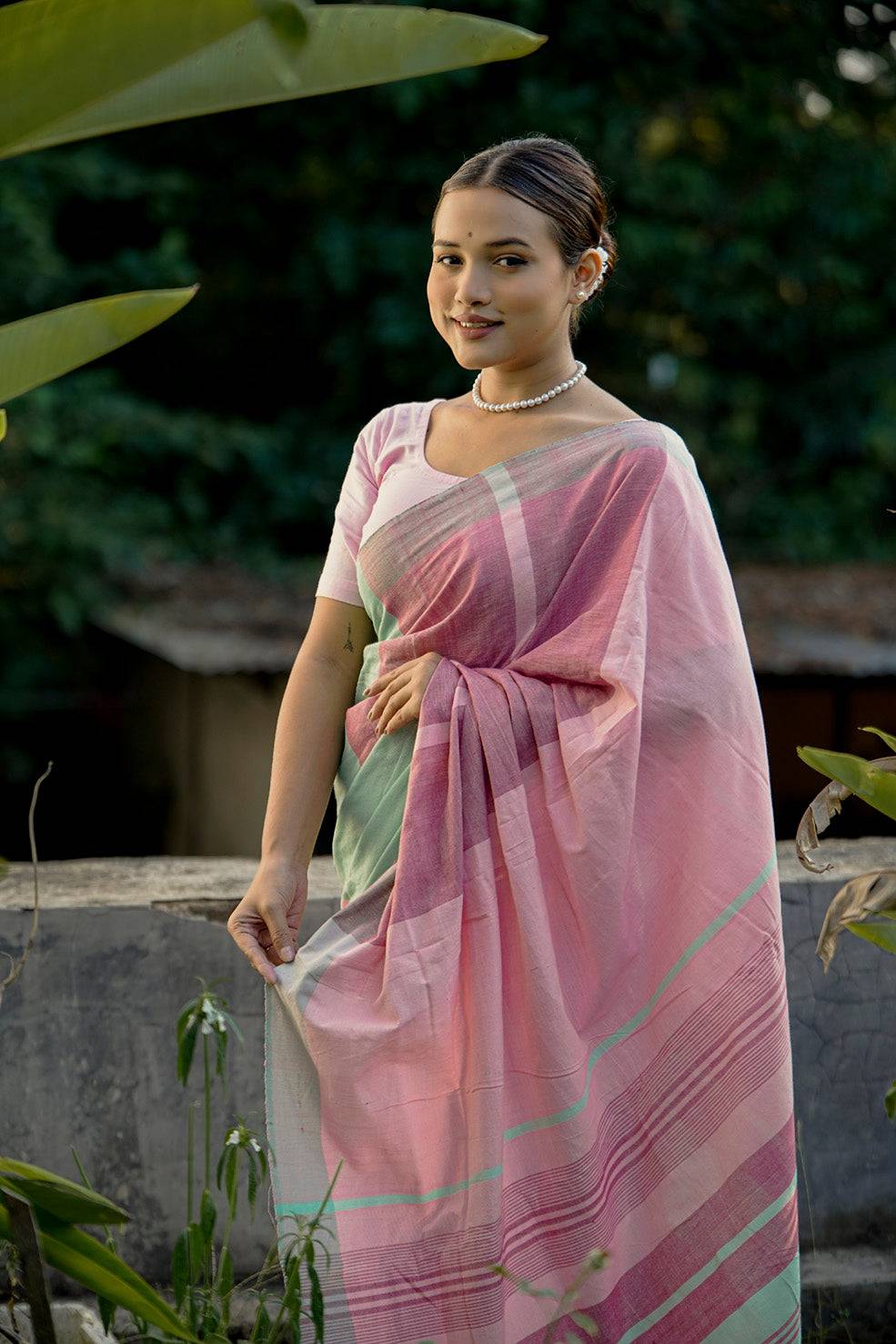 Mint-Pink Assam Cotton Handloom Saree