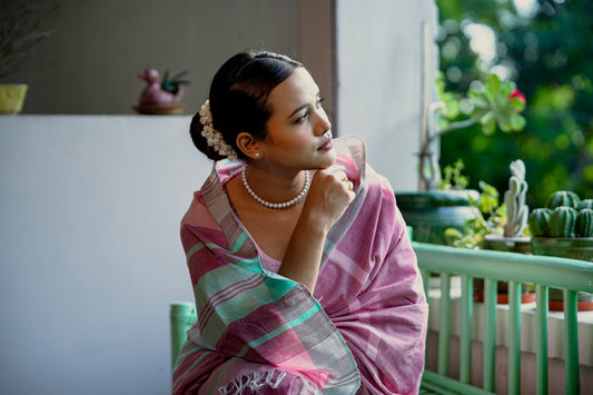 Mint-Pink Assam Cotton Handloom Saree