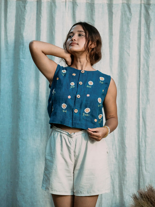 Indi-Daisy | Hand Embroidered Natural Dyed Linen Top