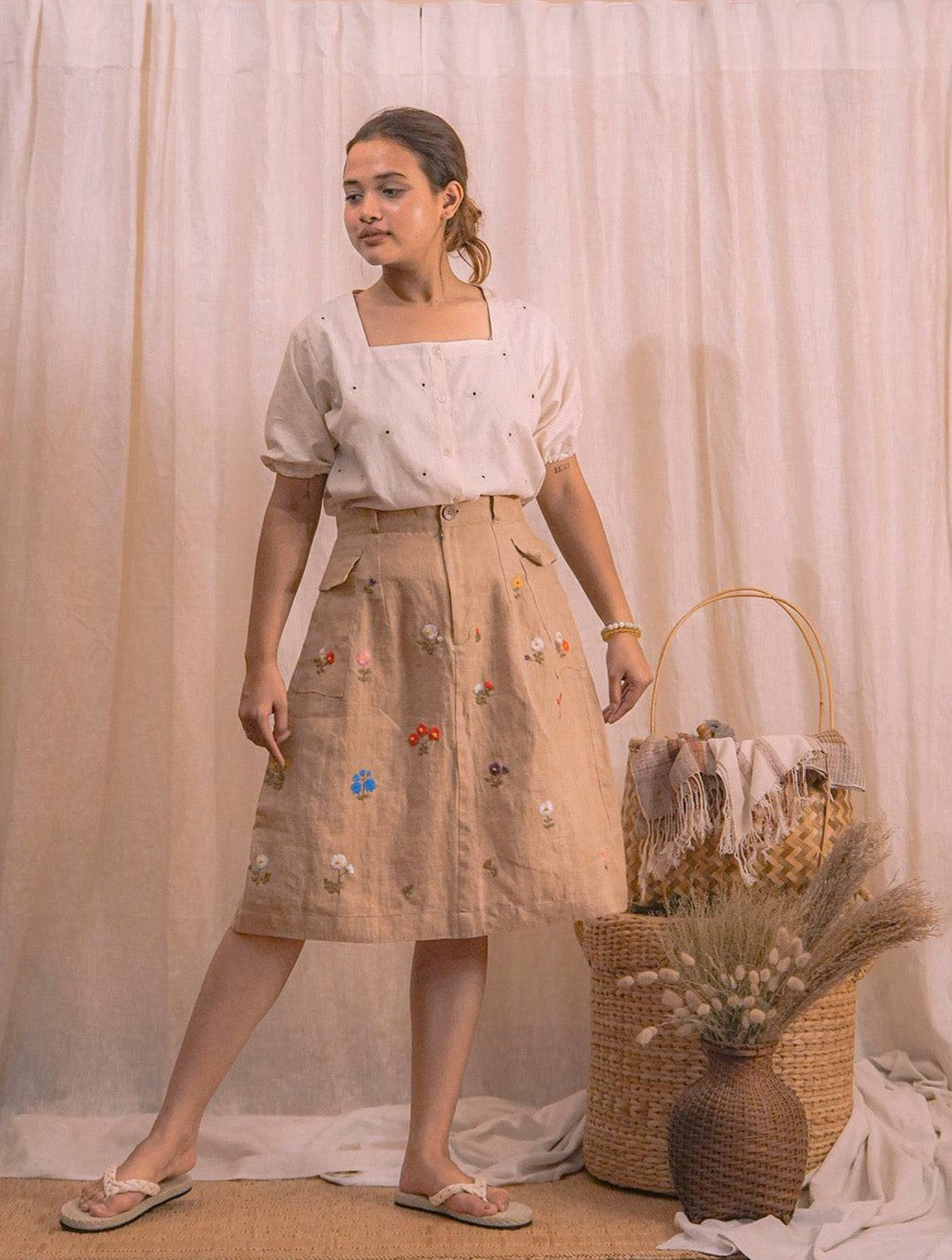 Zara | Hand Embroidered Linen Natural Dyed Skirt