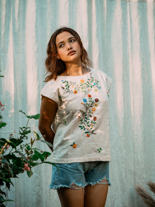 Bahaar | Haut en coton Kora brodé à la main