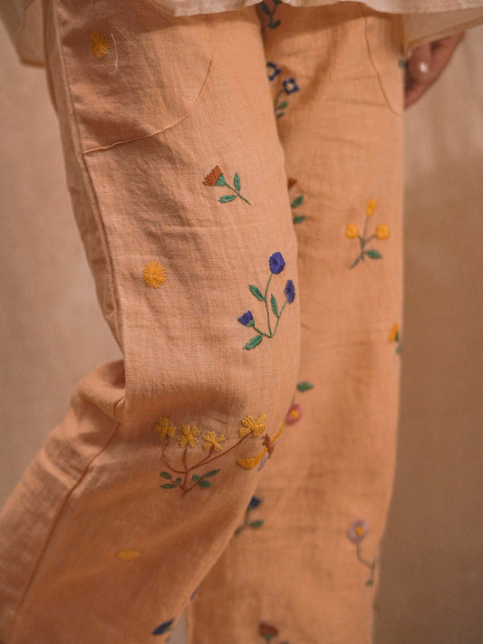 Farida | Hand Embroidered Linen Natural Dyed Pant