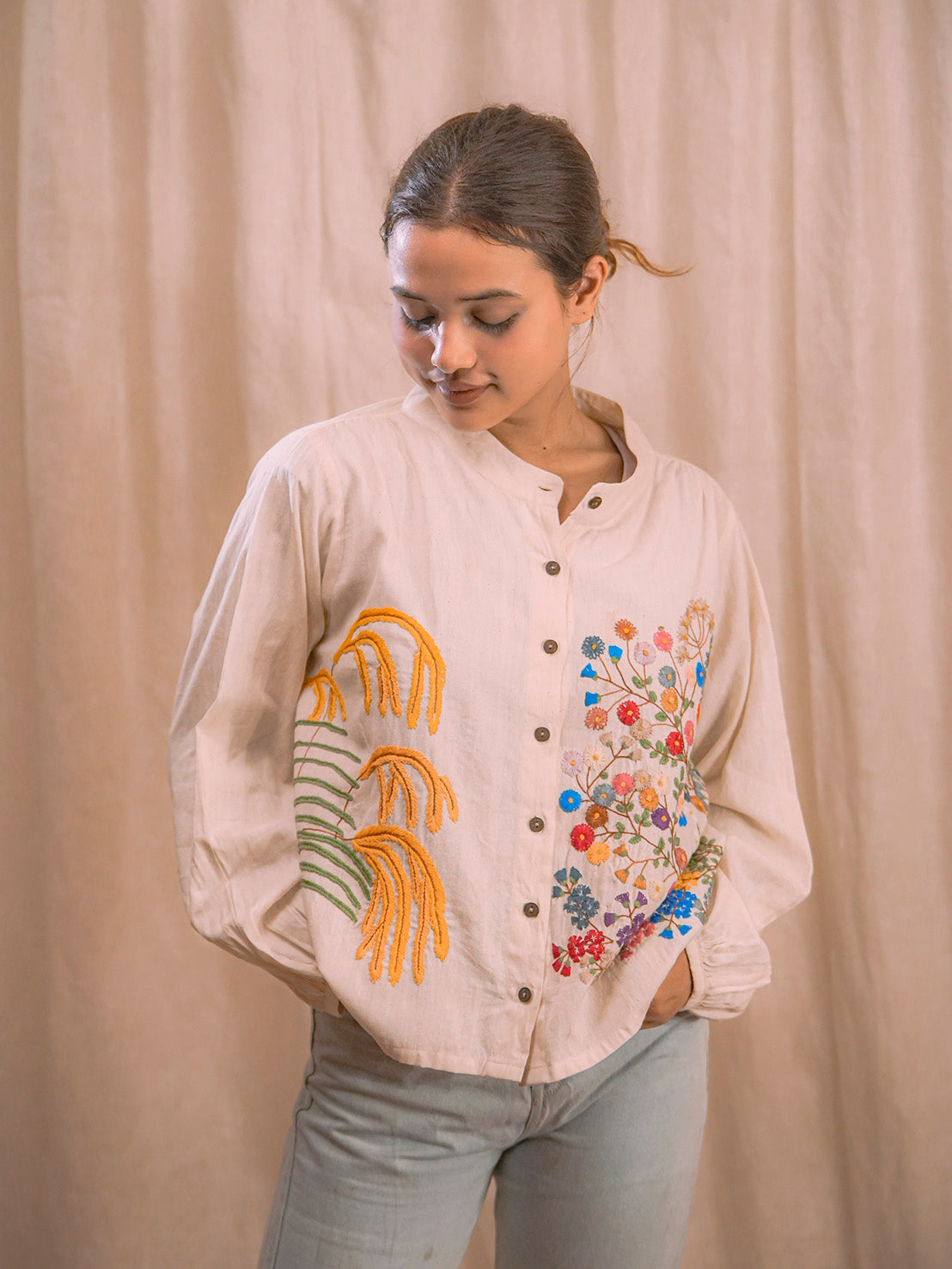 Wildflower Whispers Hand Embroidered Kora Cotton Top (Made to