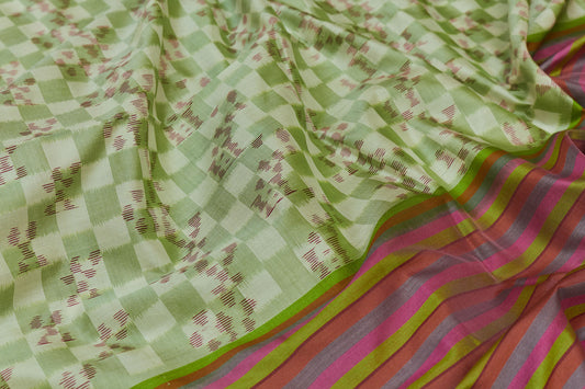 Contemporary Japanese Pink Anemone Blossom Double Ikat Silk Sari - Punarnawa Soul of Artistry