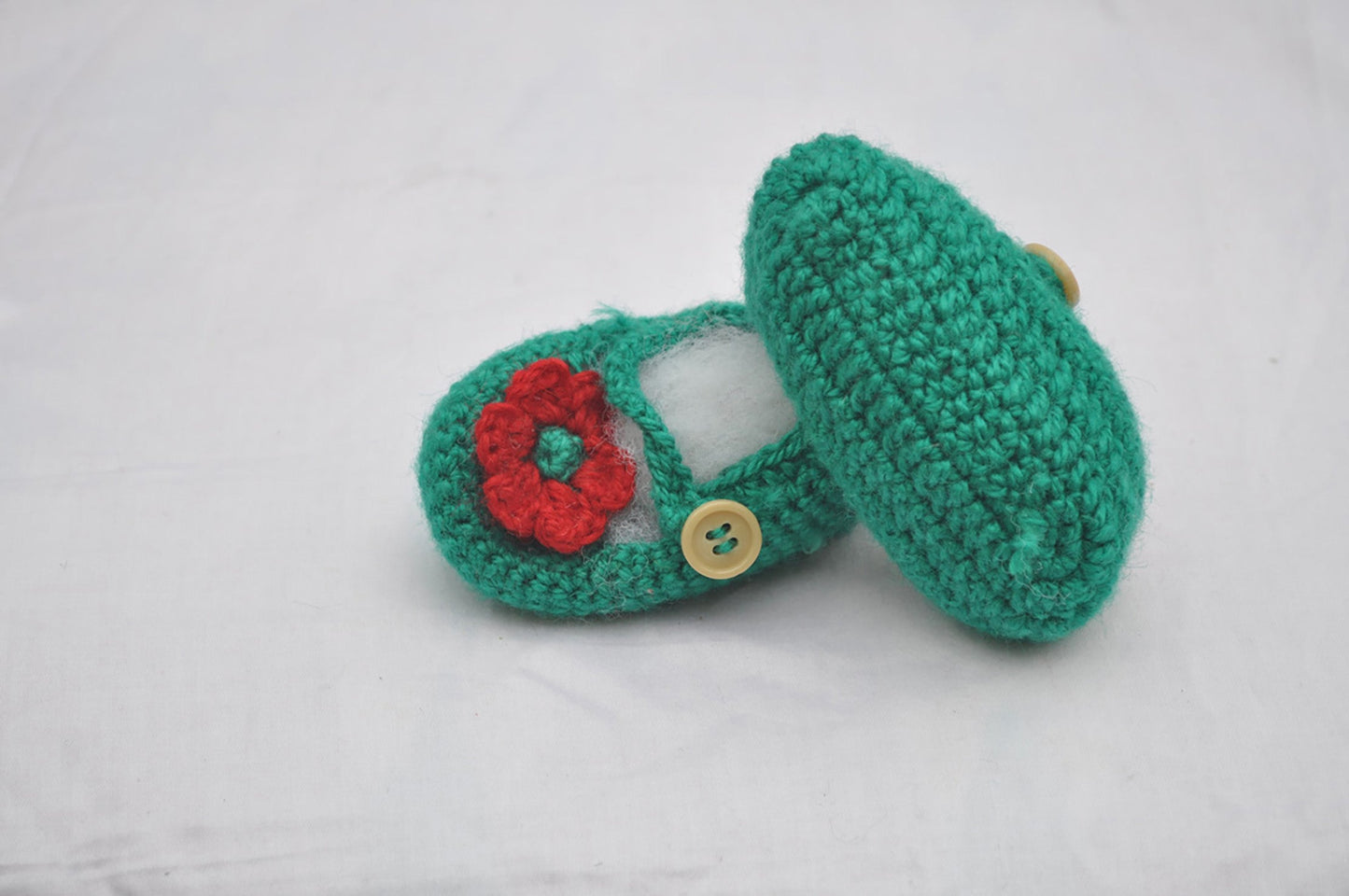 Hand Crocheted- Green-Red Floral Shoes