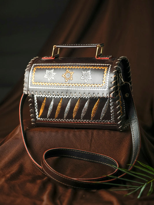 100% Pure Leather Black Embroidered Sling Bag