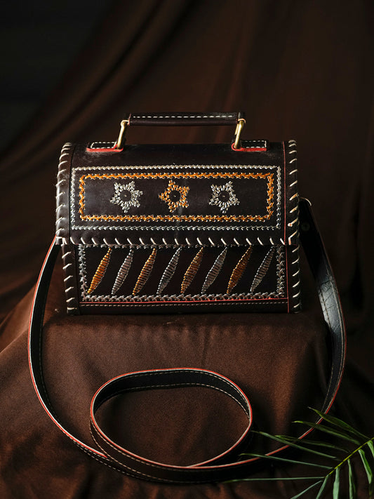 100% Pure Leather Black Embroidered Sling Bag