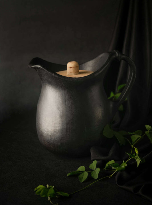 Longpi Black Pottery Stoneware Pitcher with a Wooden Lid