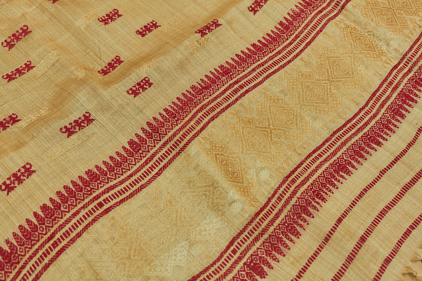 Gold & Red Assam Muga Handloom Silk Sari With Woven Border  (Made to order)