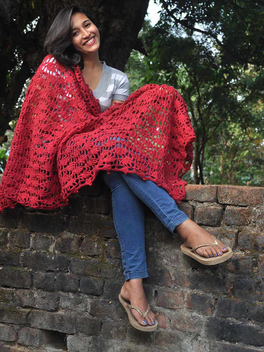 Hand Knitted Woollen Scarf- Cherry Red