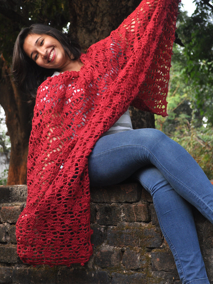 Hand Knitted Woollen Scarf- Cherry Red