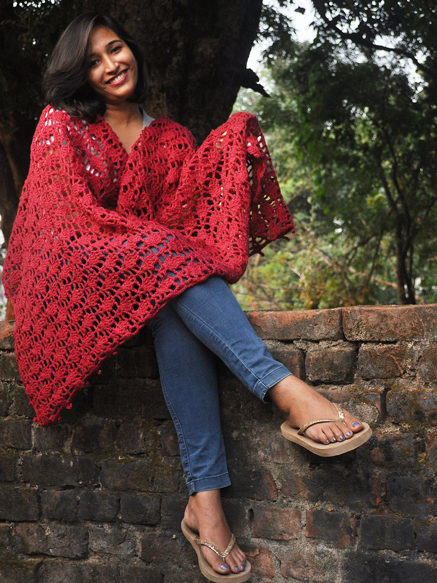 Hand Knitted Woollen Scarf- Cherry Red