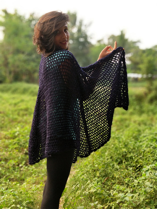 Hand Knitted Woollen Shawl- Navy Blue