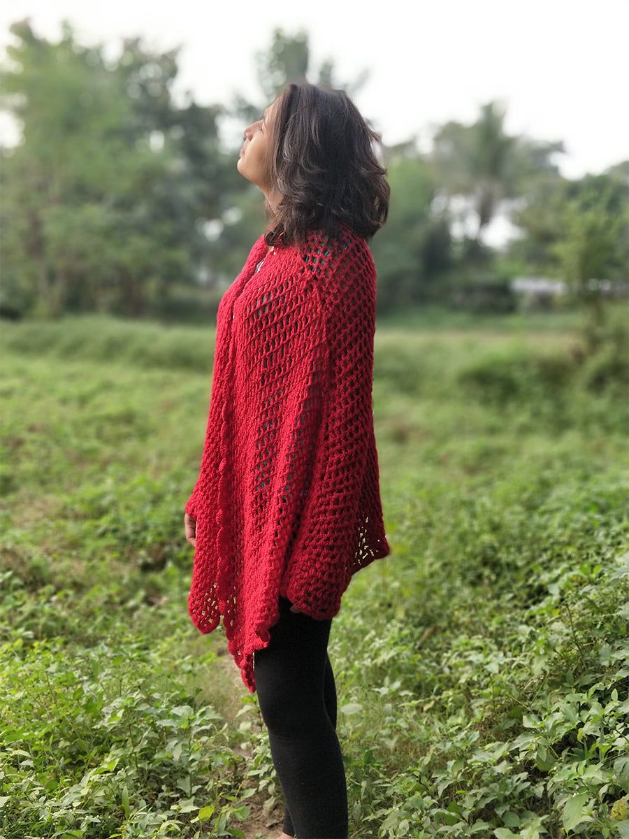 Hand Knitted Woollen Shawl- Red