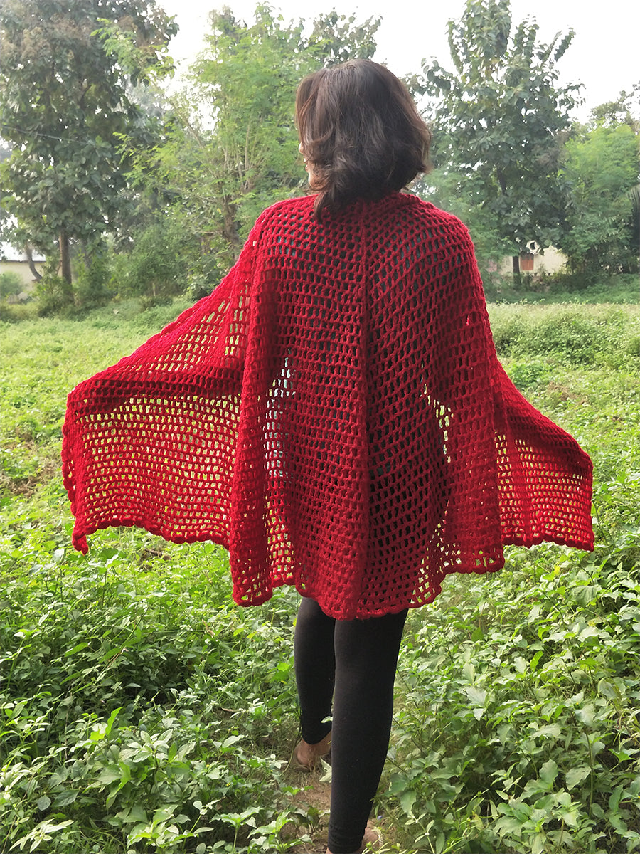 Hand Knitted Woollen Shawl- Red