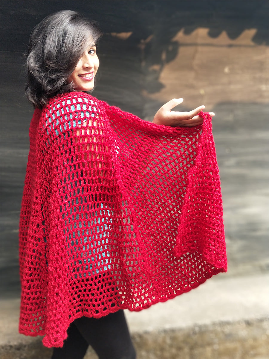 Hand Knitted Woollen Shawl- Red