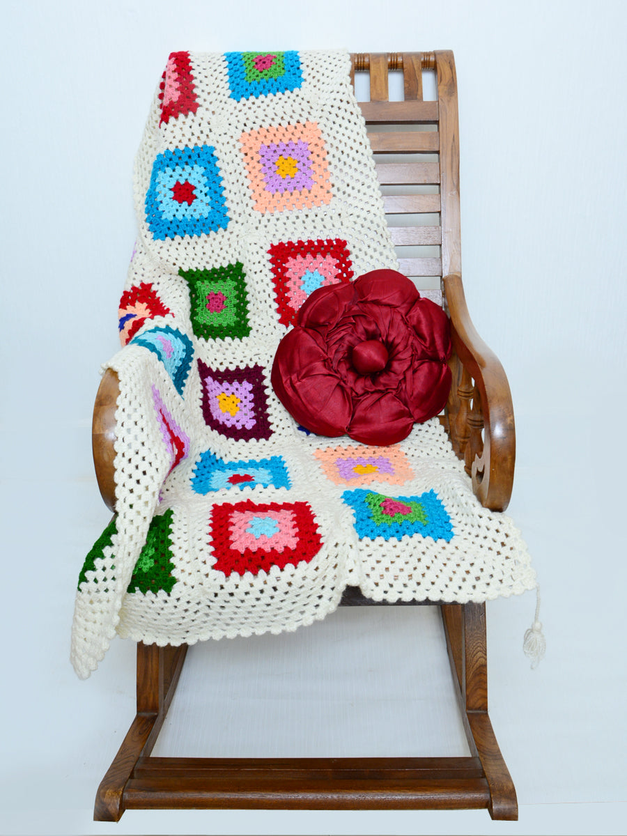 Hand Knitted Woollen Granny Square Throw