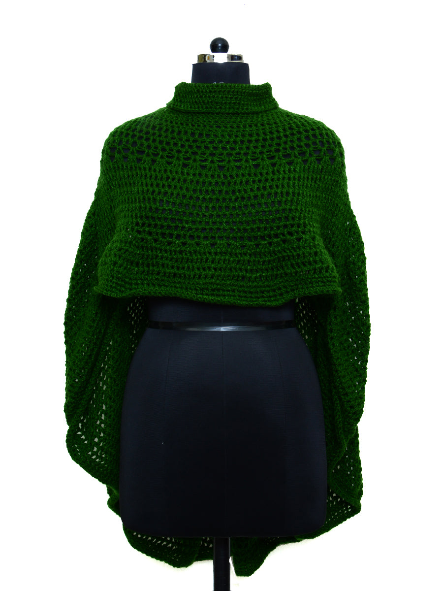 Hand Knitted Woollen Poncho- Dark Green