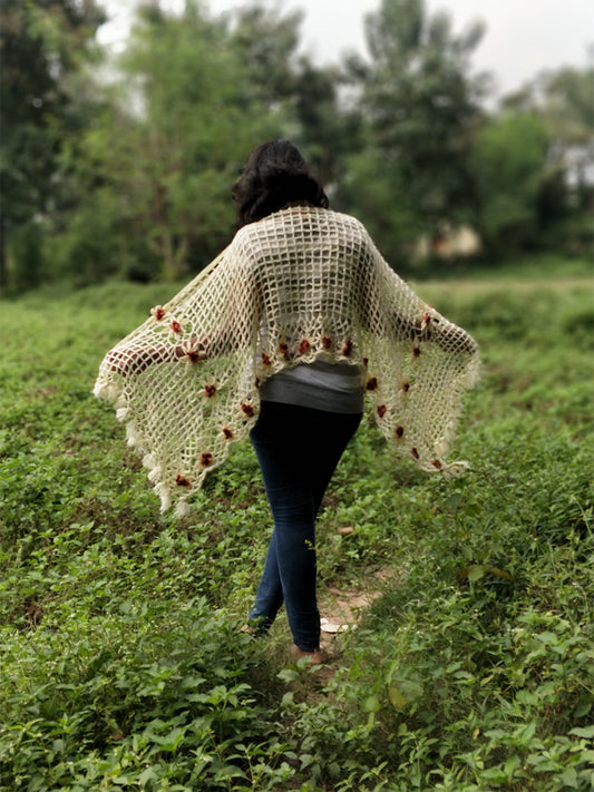 Hand Knitted Woollen Shawl- Cream