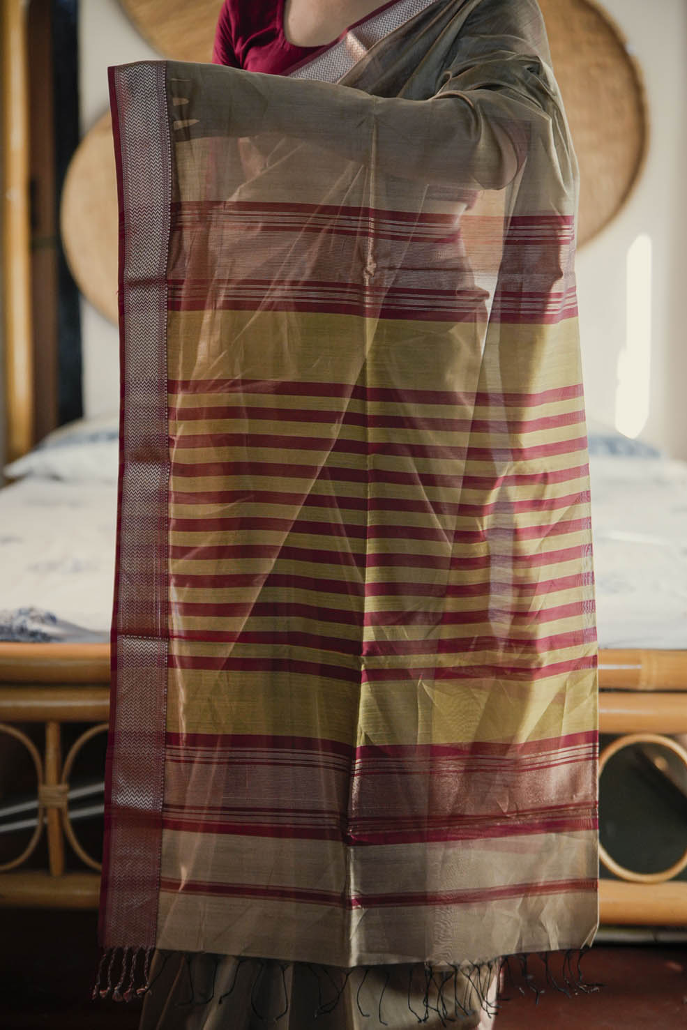 Mehroon-Beige Maheshwari Cotton-Silk Handwoven Saree