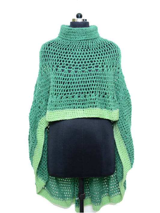 Hand Knitted Woollen Poncho- Aqua