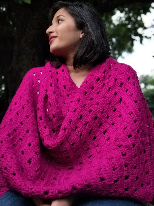 Hand Knitted Woollen Shawl- Dark Pink