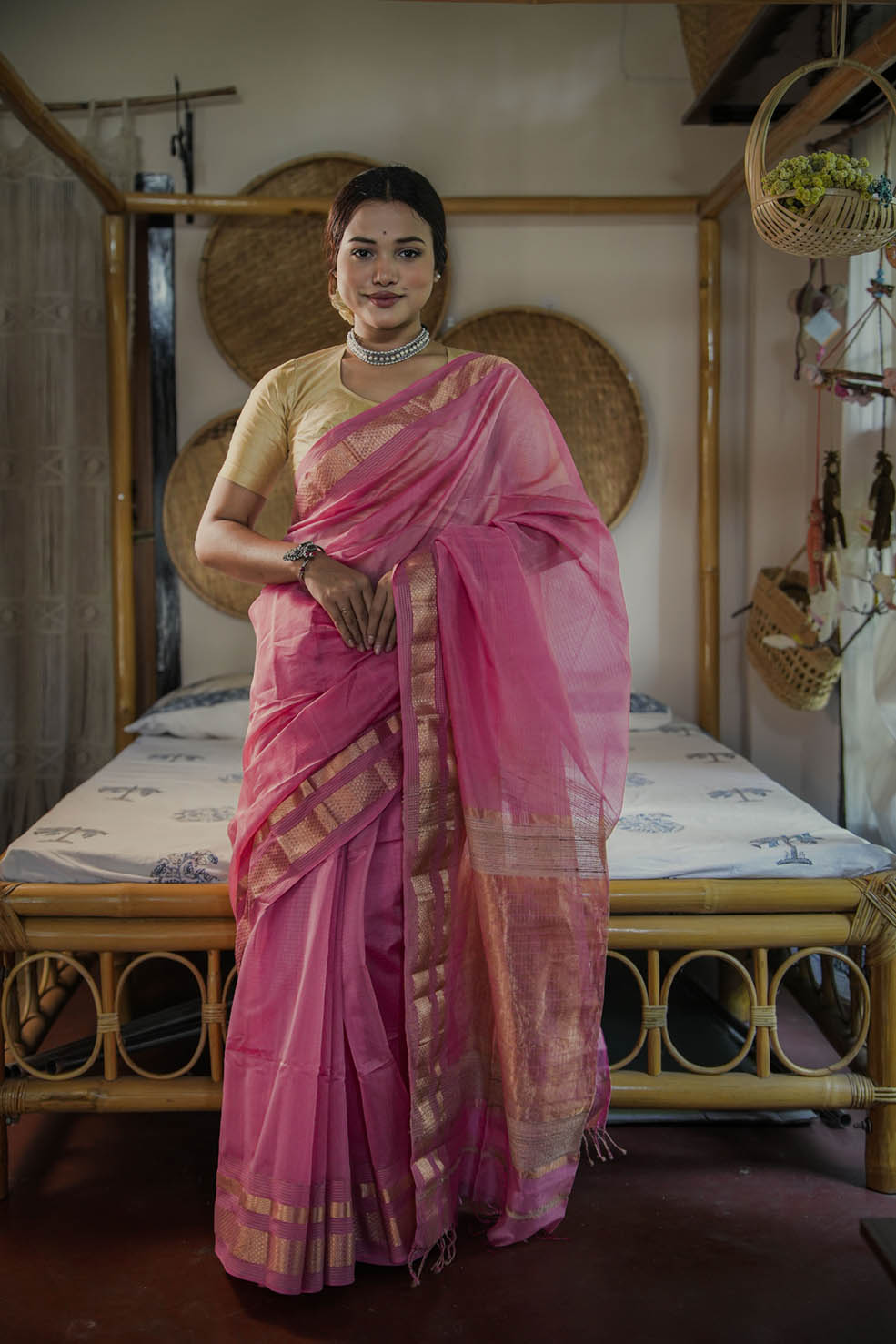 Pink-Gold Maheshwari Cotton-Silk Saree