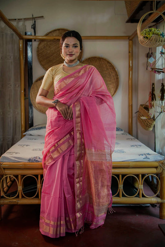 Pink-Gold Maheshwari Cotton-Silk Saree