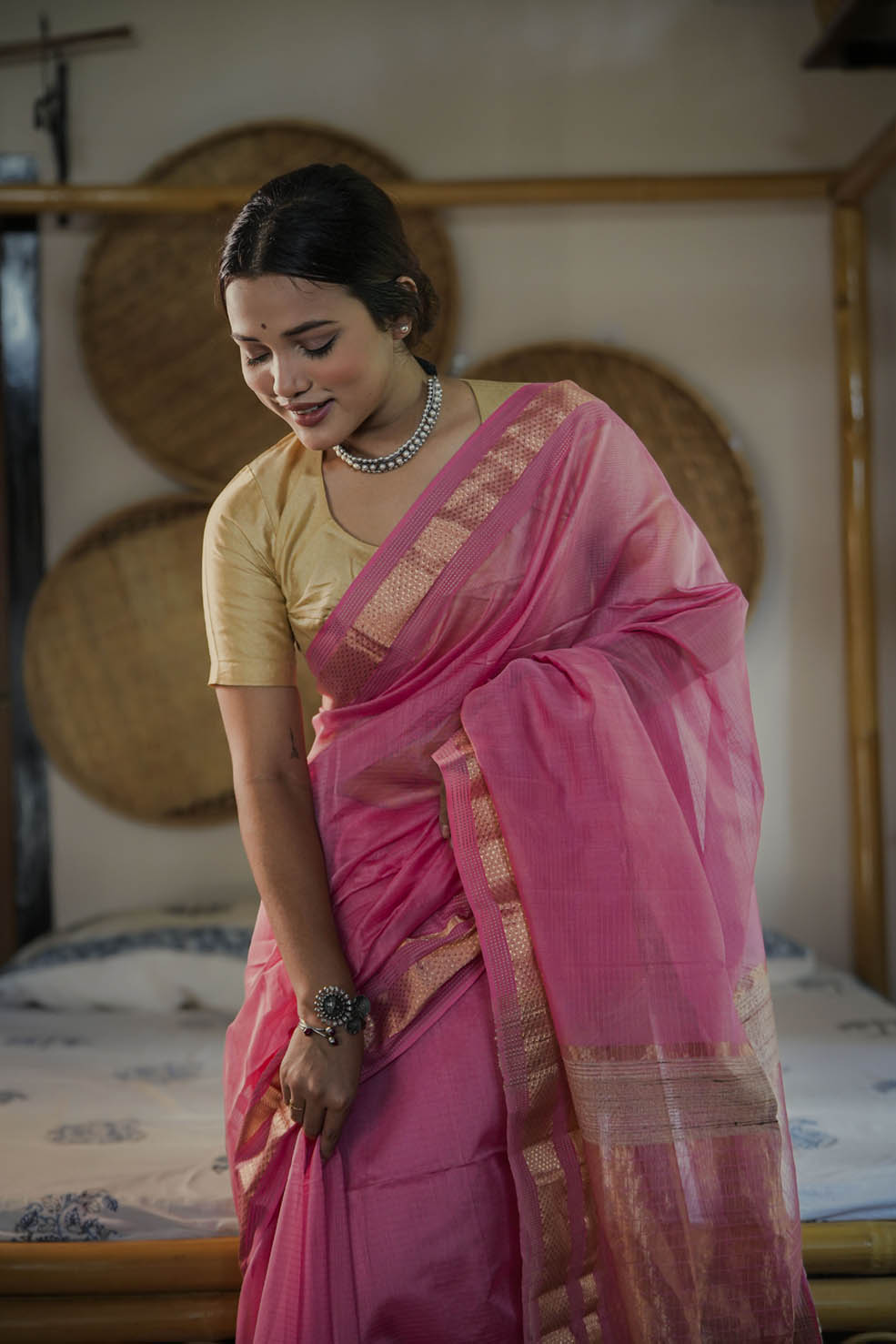 Pink-Gold Maheshwari Cotton-Silk Saree