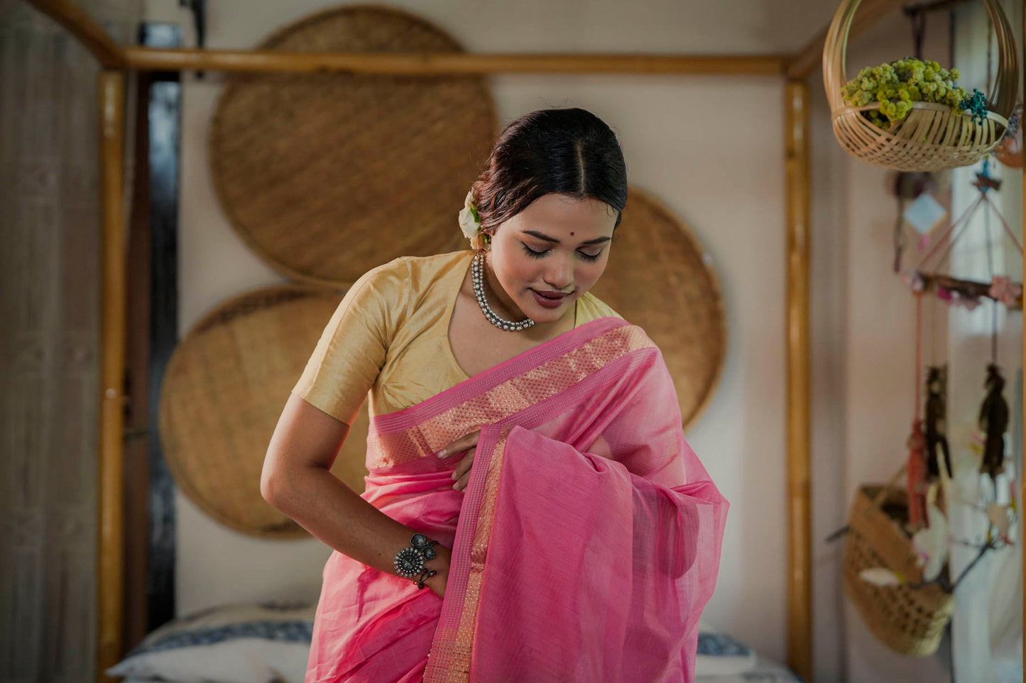 Pink-Gold Maheshwari Cotton-Silk Saree