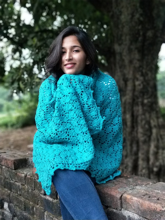 Hand Knitted Woollen Shawl- Blue