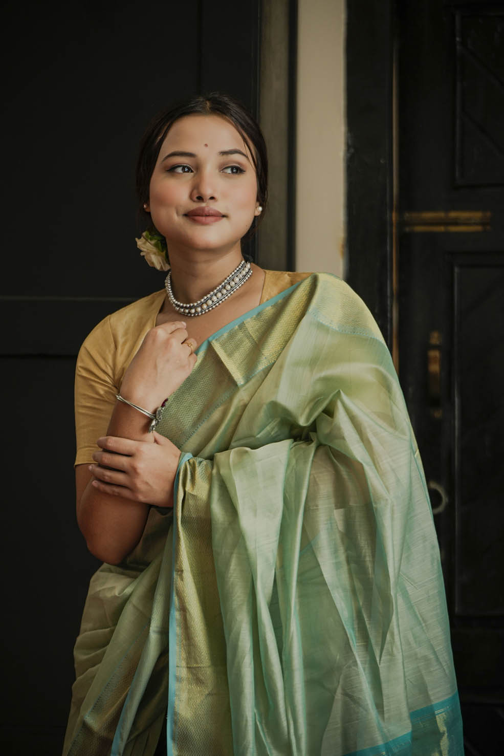 Green-Gold Maheshwari Cotton-Silk Saree