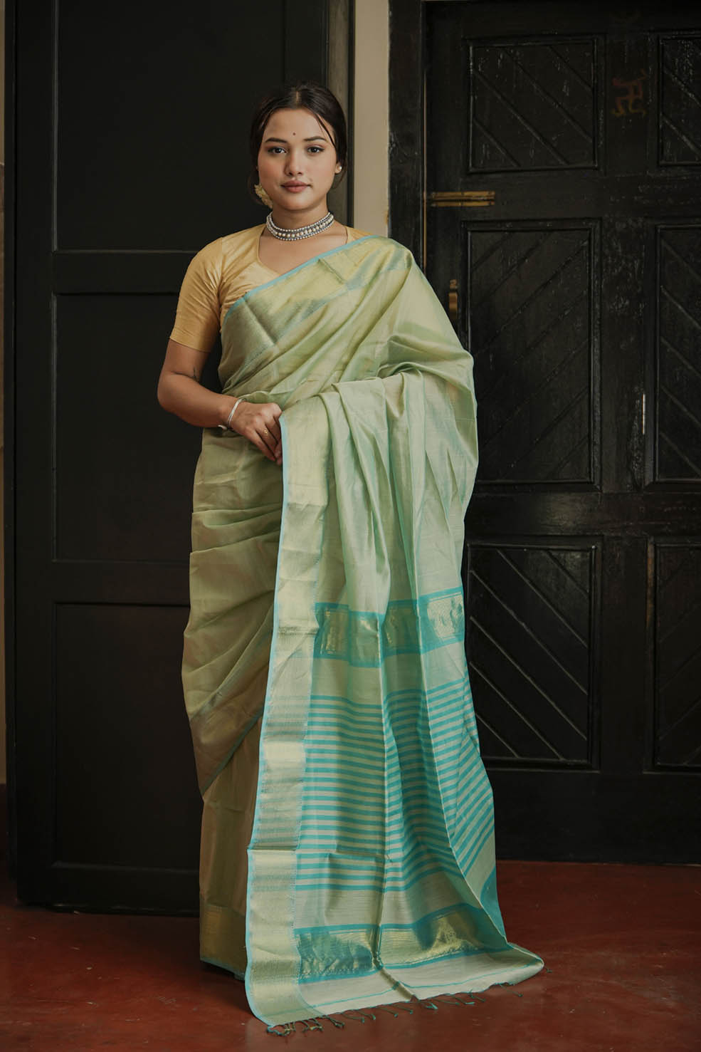 Green-Gold Maheshwari Cotton-Silk Saree