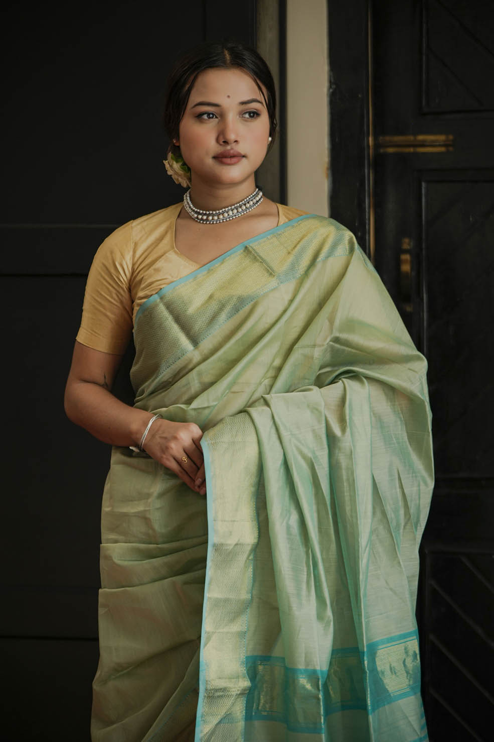 Green-Gold Maheshwari Cotton-Silk Saree