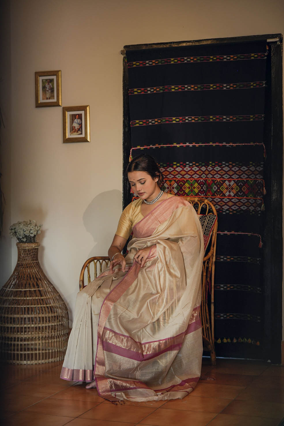 Cream-Pink Maheshwari Cotton-Silk Saree