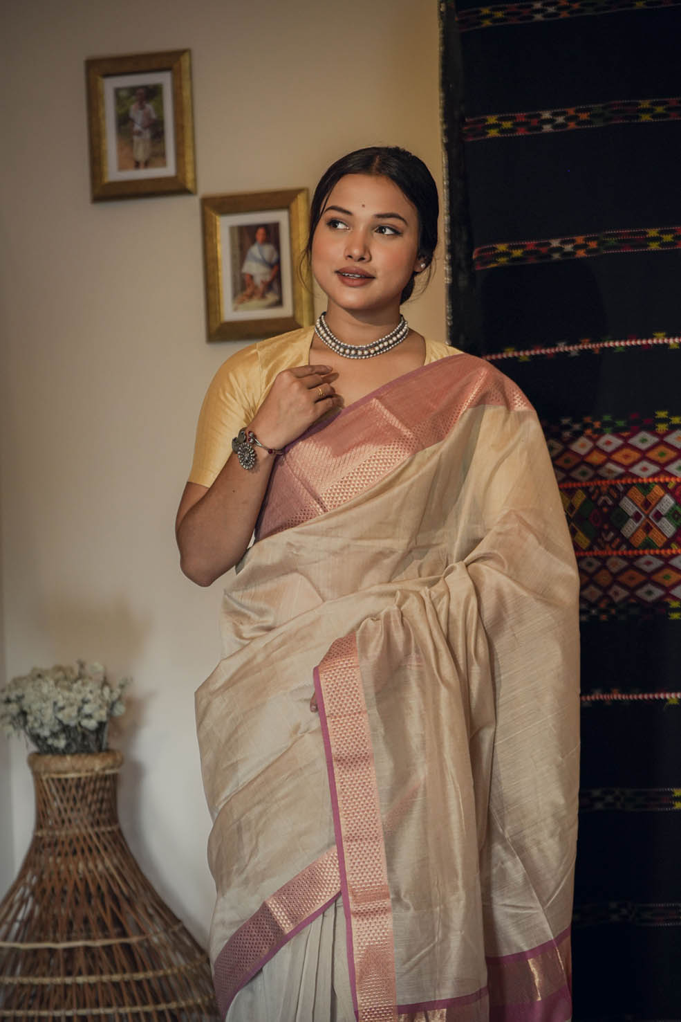 Cream-Pink Maheshwari Cotton-Silk Saree