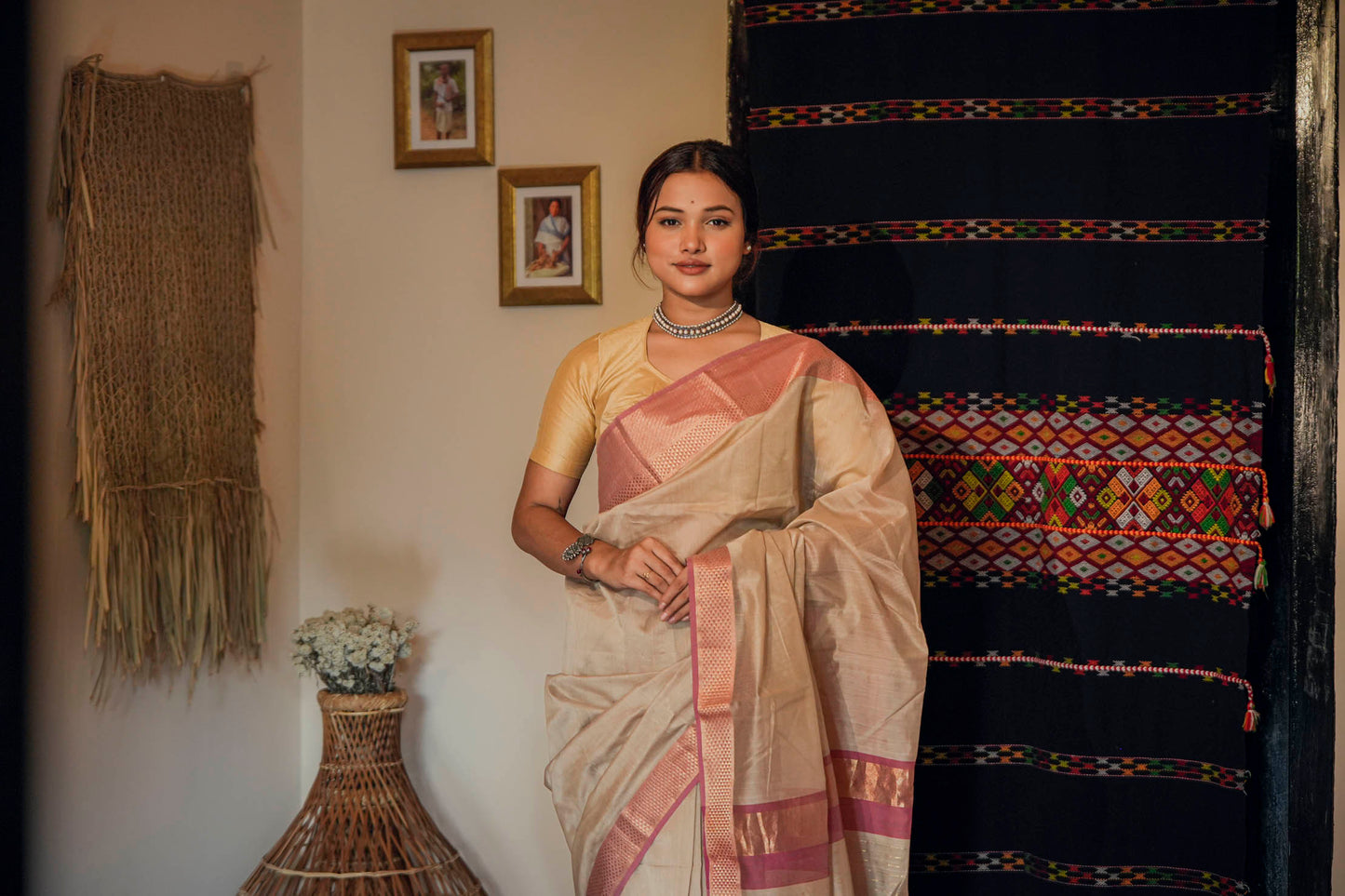 Cream-Pink Maheshwari Cotton-Silk Saree