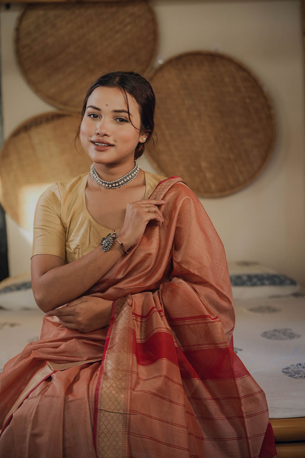 Red-Gold Maheshwari Cotton-Silk Handwoven Saree