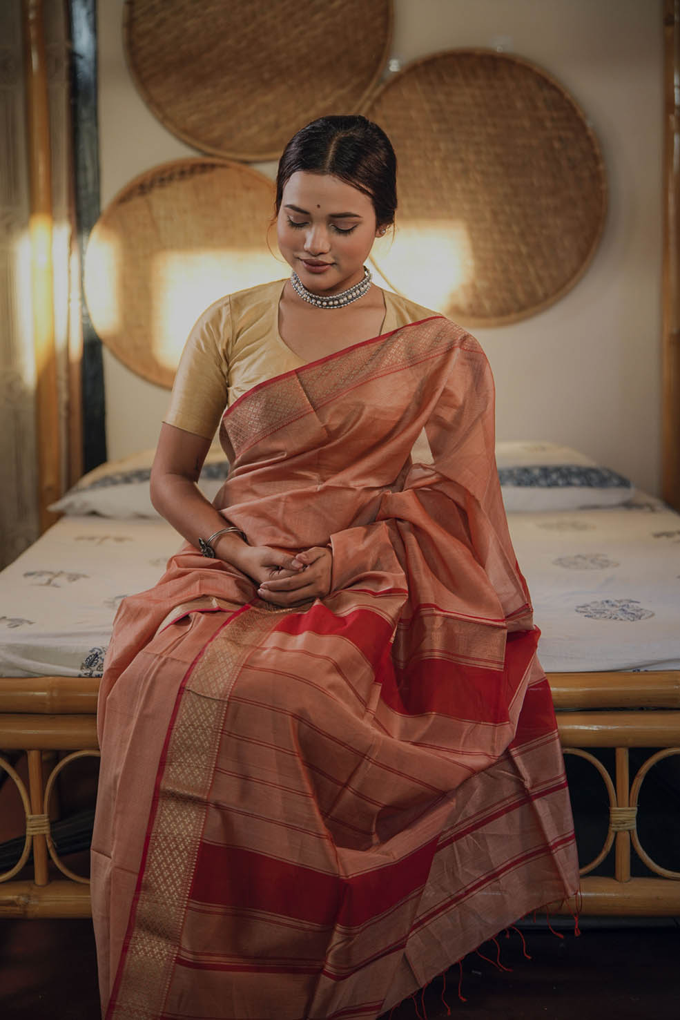 Red-Gold Maheshwari Cotton-Silk Handwoven Saree