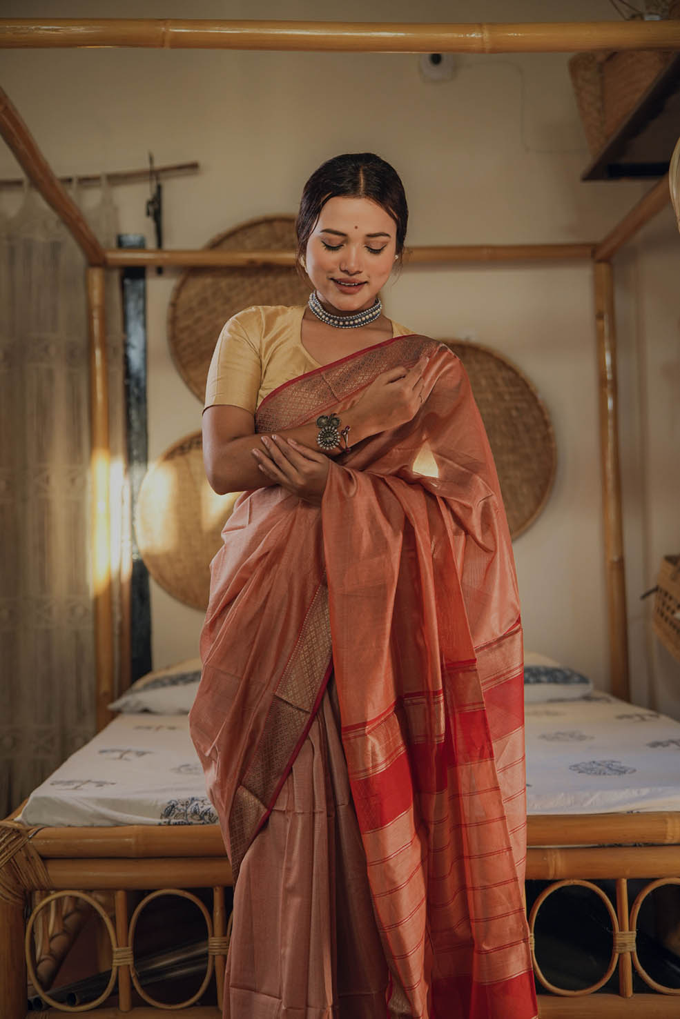 Red-Gold Maheshwari Cotton-Silk Handwoven Saree